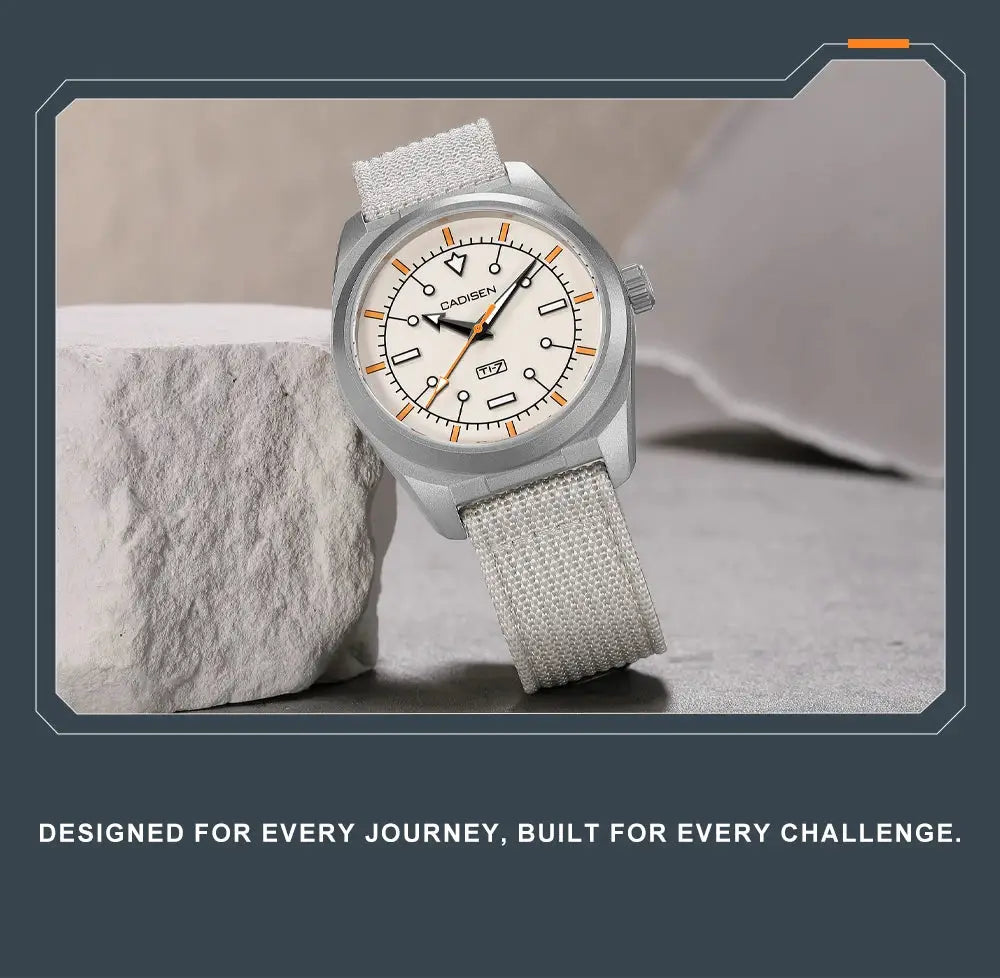 CADISEN TI-7 watch with white dial, orange hour markers, titanium-gray case, and beige canvas strap