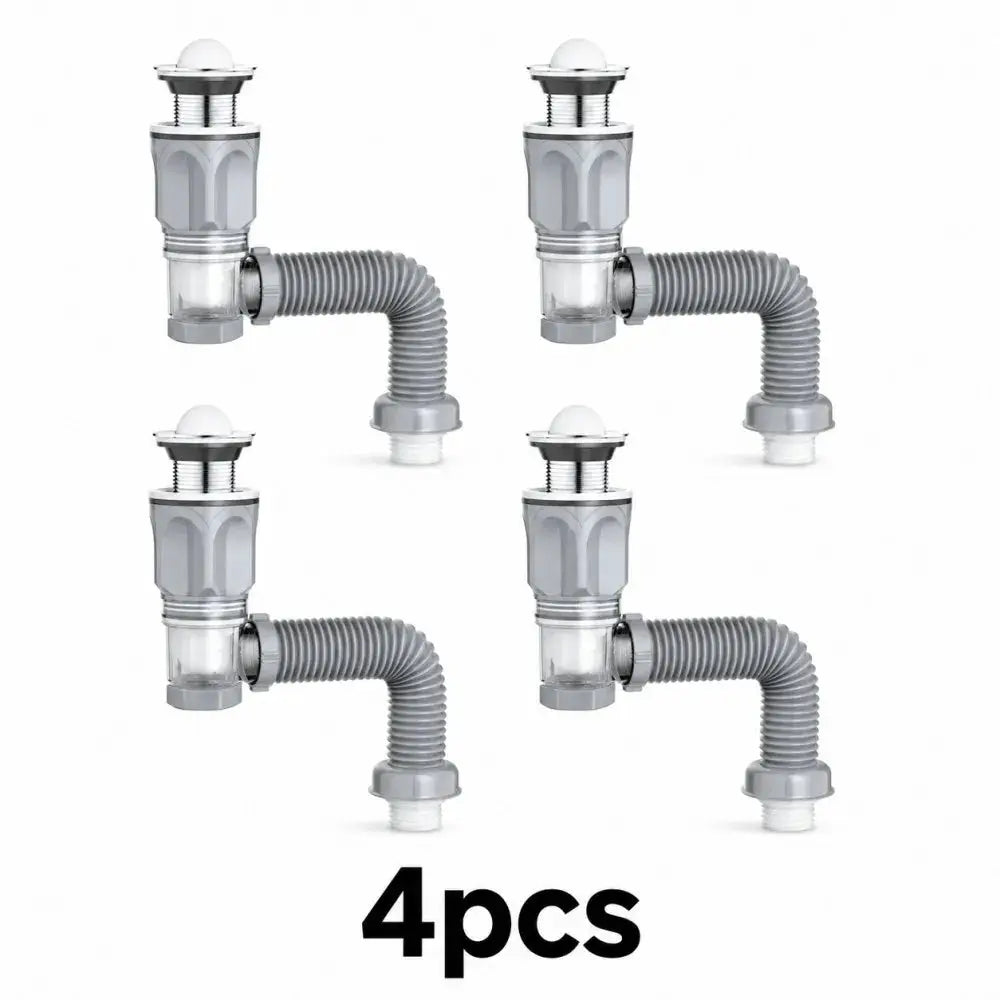 Bathroom sink drain kit, 4pcs, with flexible gray hoses, ABS body, stainless steel top-side outlet.