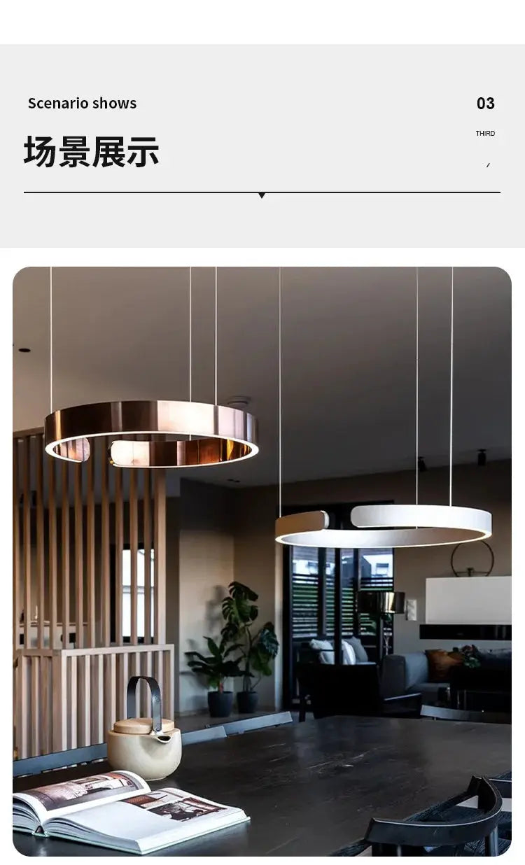 Modern ring ceiling chandelier pendant lights in copper and white finishes for living/dining room.