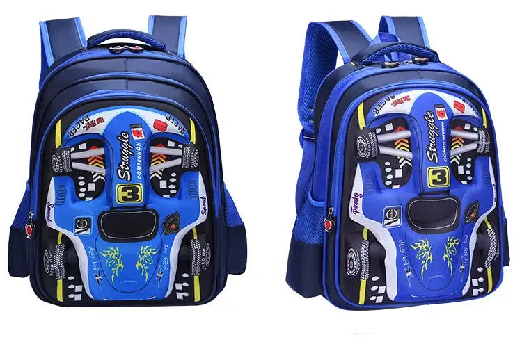 Simples Market waterproof lightweight 3D car backpack for kids, blue with colorful car graphic, two backpacks