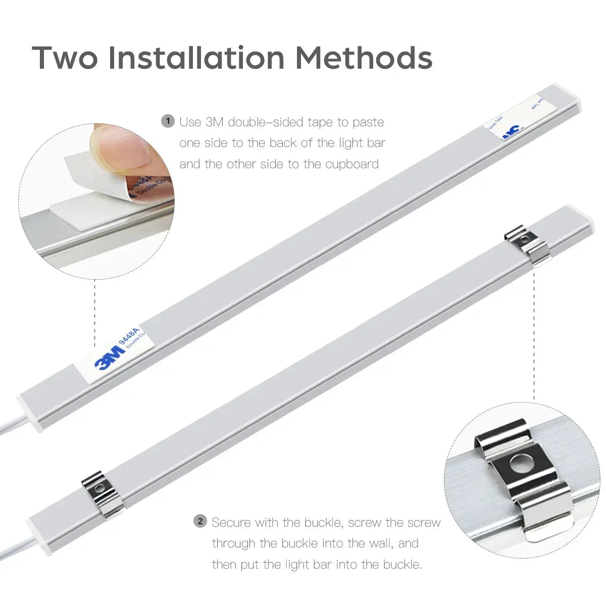 Under-cabinet LED bar light by Simples Market; white aluminum strip, linkable, with 3M tape mounting.