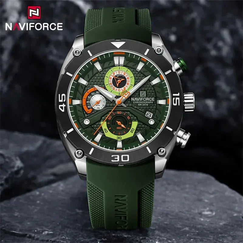 Naviforce men's sport watch with green dial and green silicone strap, chronograph subdials