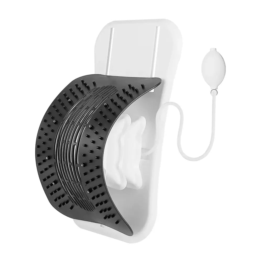 Foreverlily back massager with inflatable airbag waist and neck support; white device with a black curved pad