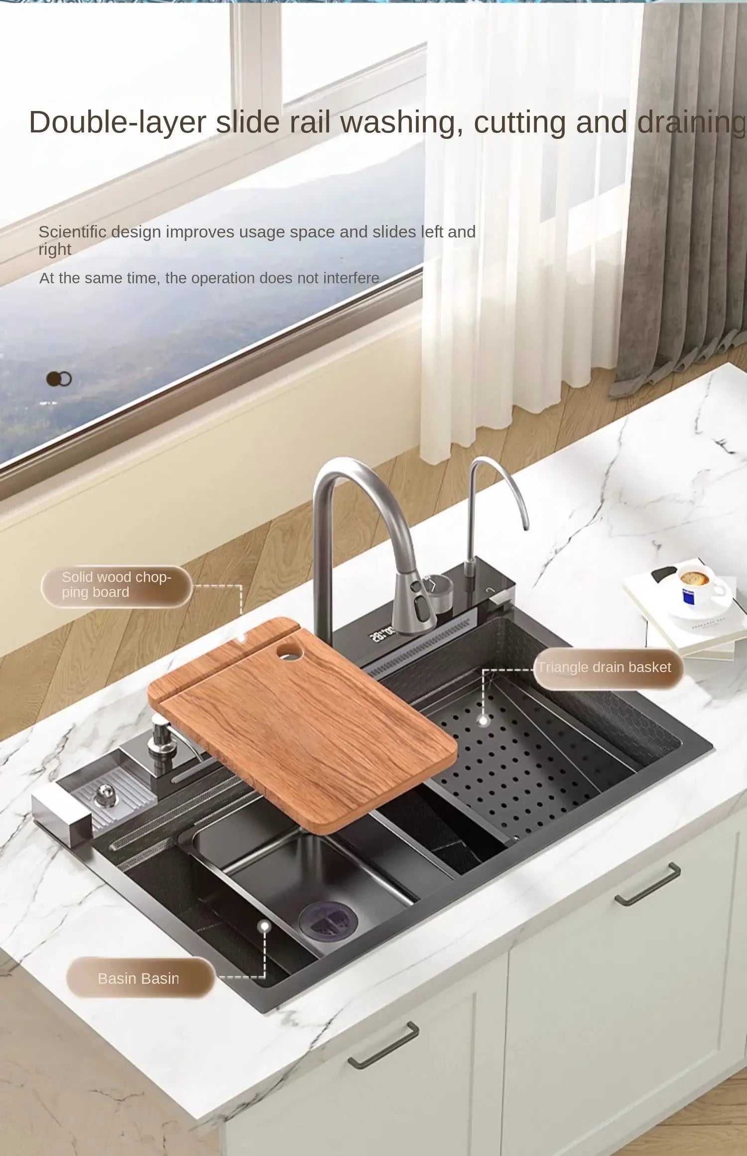 Integrated stainless steel kitchen sink with solid wood chopping board and triangle drain basket