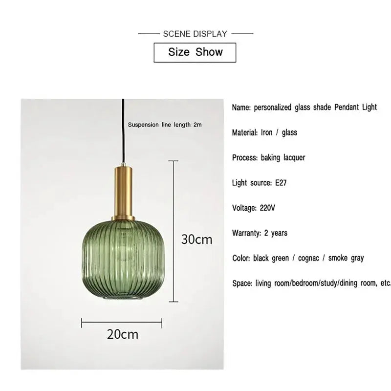 Nordic Glass Pendant Light by Simples Market, green ribbed glass with brass top, 30cm tall