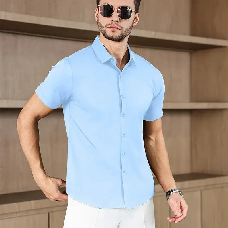 Men's light-blue short-sleeve business casual shirt, no-iron, Simples Market