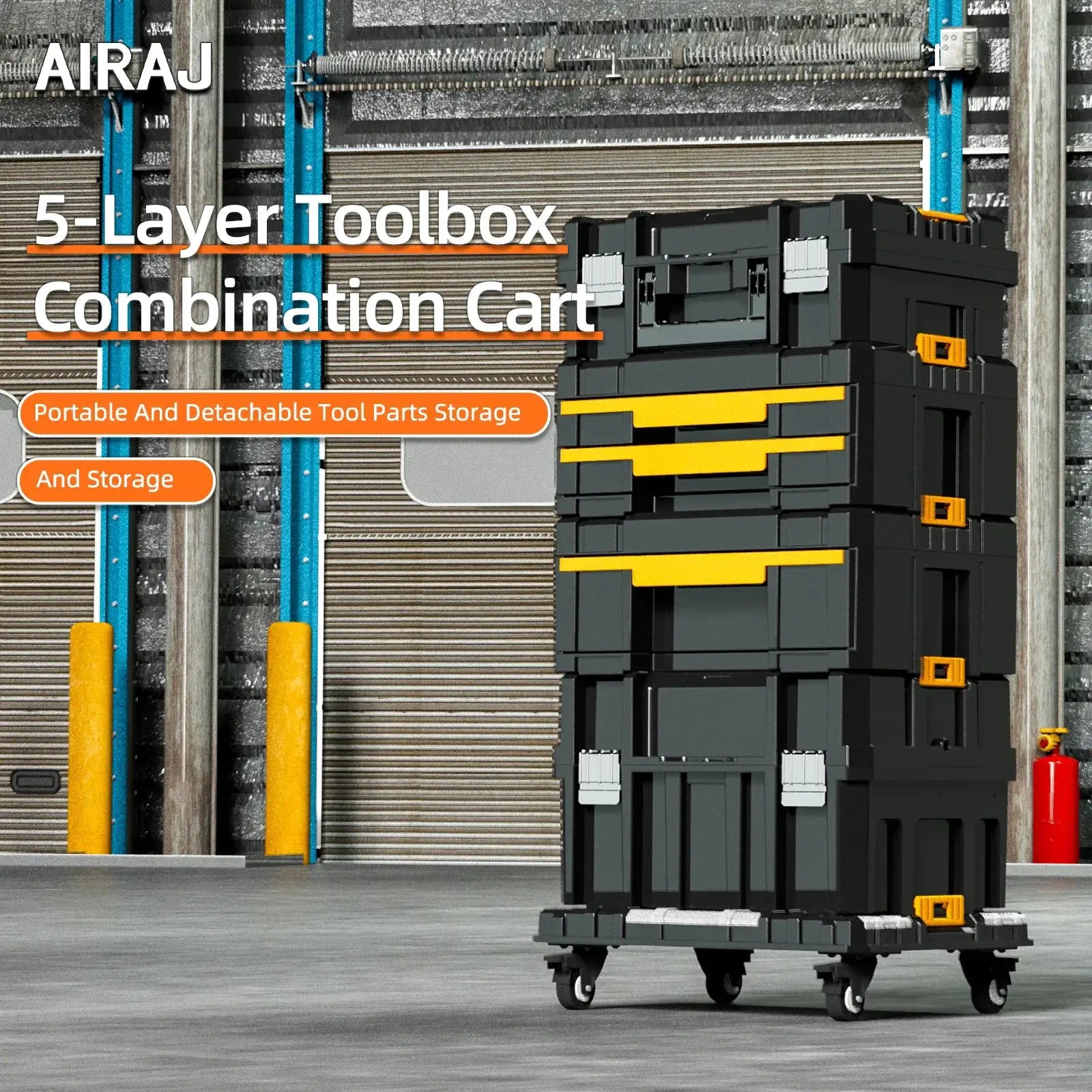 AIRAJ 5-layer toolbox cart on wheels from Simples Market, black modular toolboxes with yellow latches