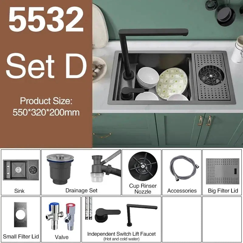 ASRAS Nano Black single-bowl kitchen sink with lifting faucet; Set D by Simples Market