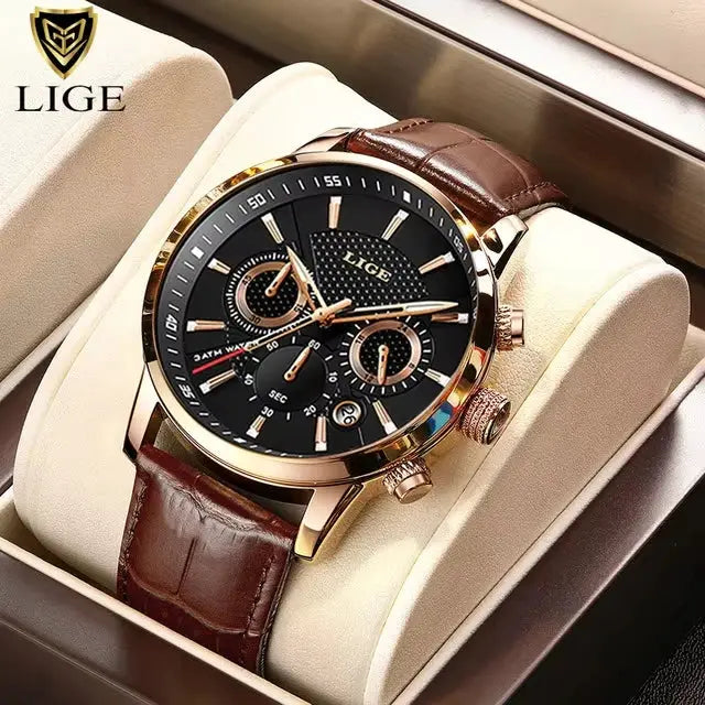 LIGE men's luxury leather watch with gold-tone case, black dial, brown strap in box