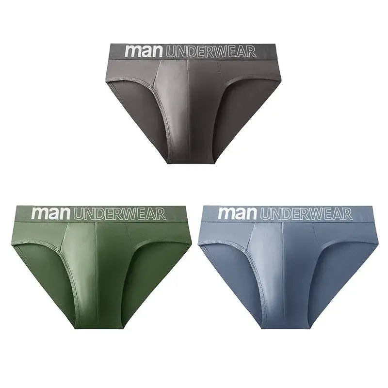 Men's 3-pack briefs in gray, green, and blue with a wide elastic waistband labeled MAN UNDERWEAR