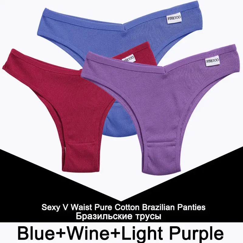FINETOO 3-piece cotton thong underwear set in blue, wine red, and light purple