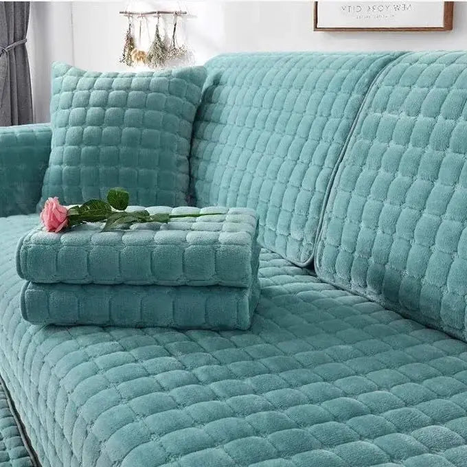 Teal flannel plaid sofa cover set with non-slip thickened backrest and seat cushion covers.