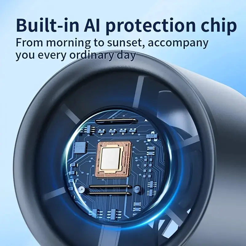 Handheld mini fan with USB charging; blue circuit-board core visible inside
