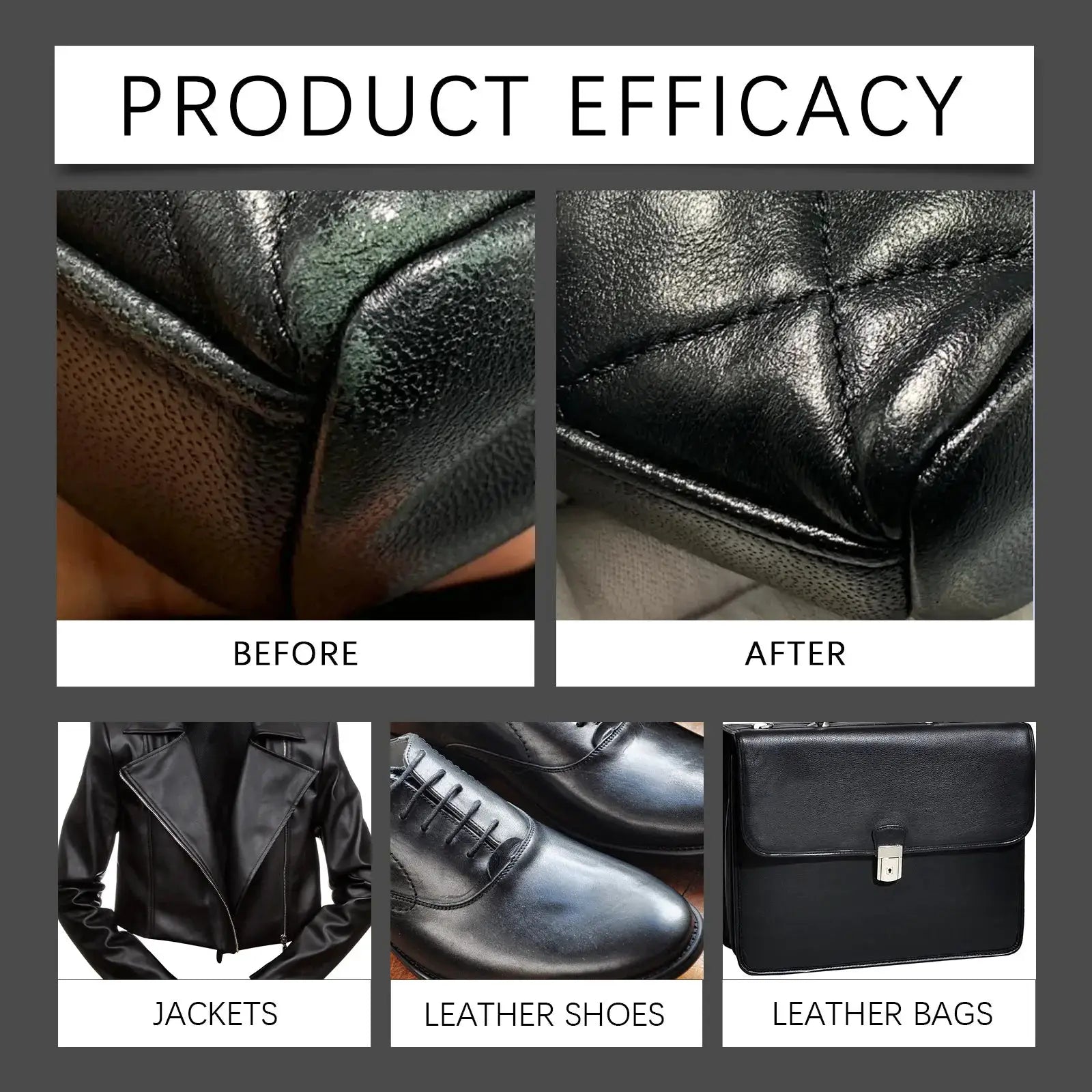 Simples Market leather repair kit for car interiors; before/after close-ups show restored black leather.