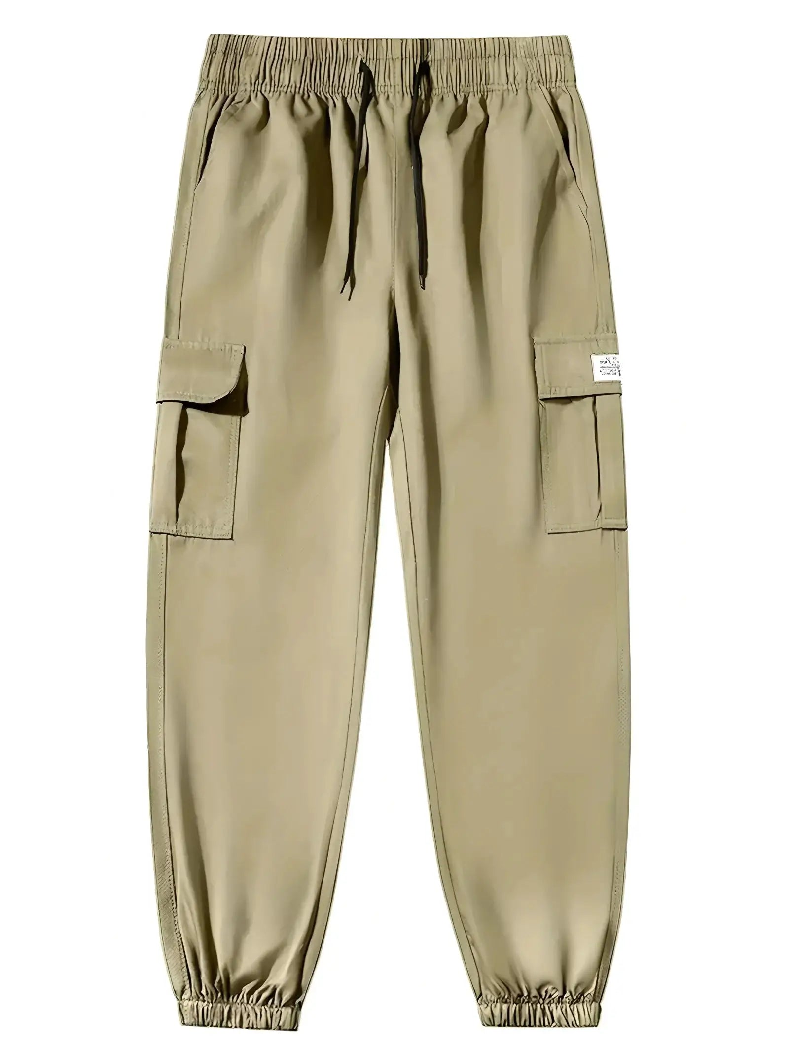 Simples Market men's cargo jogger pants in tan with multiple utility pockets, elastic waistband and cuffs