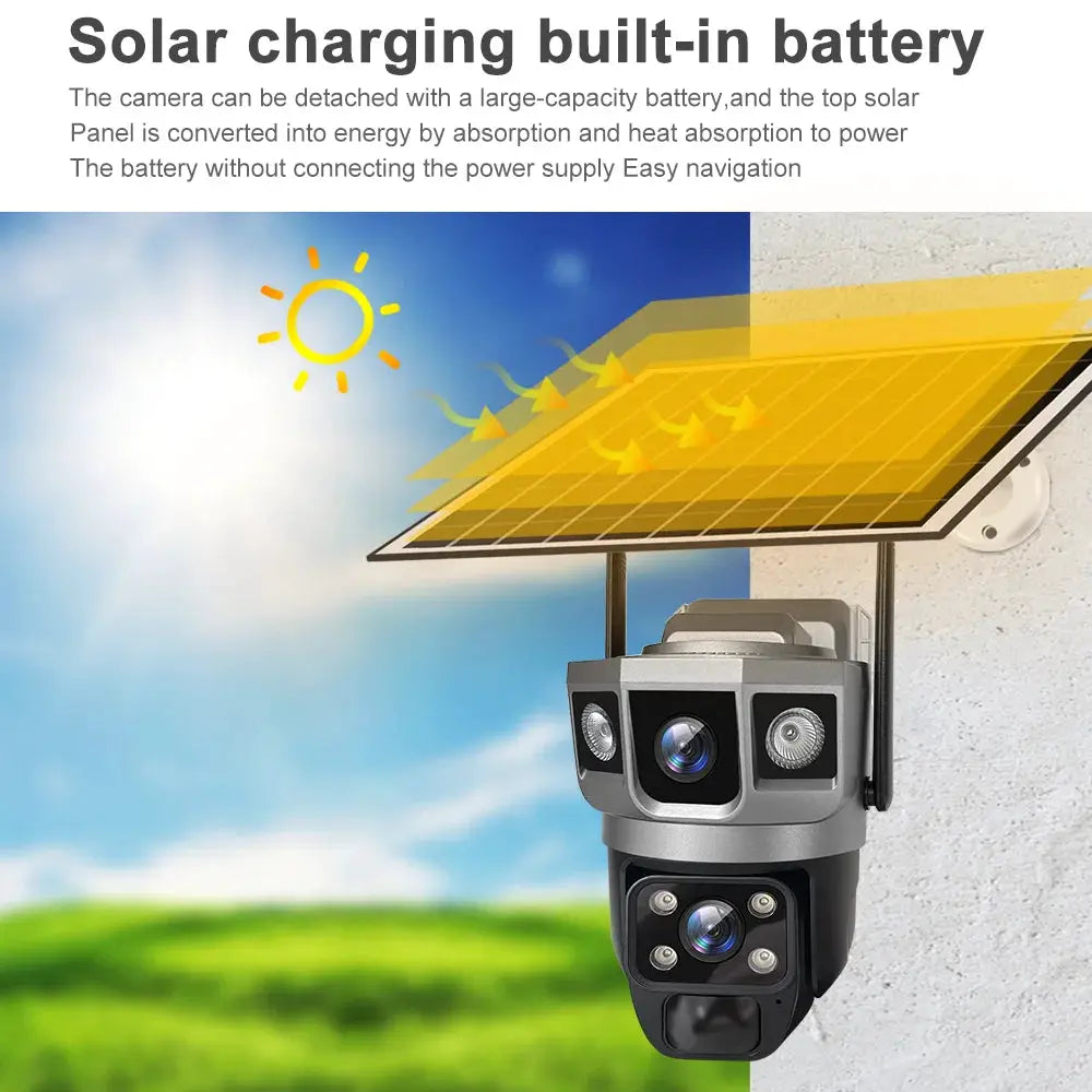 V380 Pro solar-powered IP camera by Simples Market with dual lenses for outdoor PTZ security.
