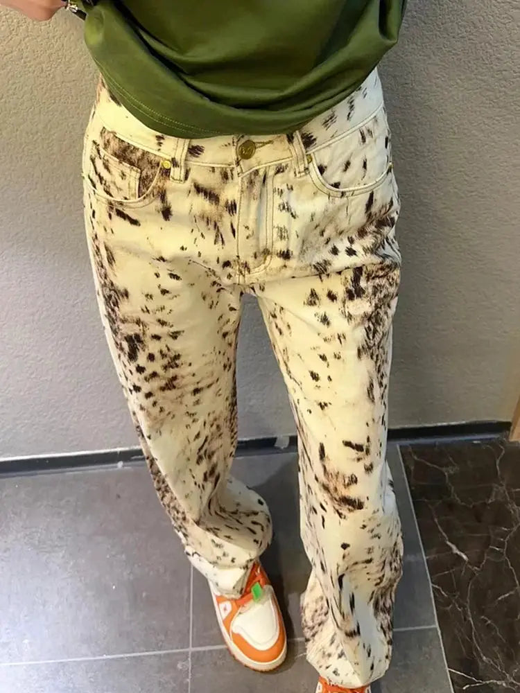 Baggy Wide Leg Jeans Women High Waisted Leopard Print Y2K Denim
