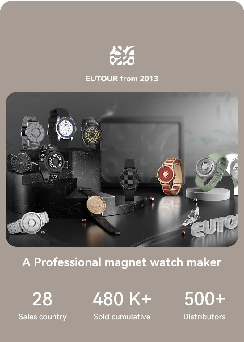 EUTOUR men's magnetic quartz watches on display; stainless steel and leather straps in black, silver and gold tones.