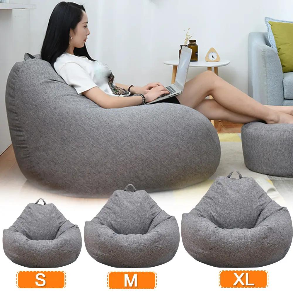 Bean bag lounger chair in gray linen fabric with covers; three sizes S, M, XL shown.