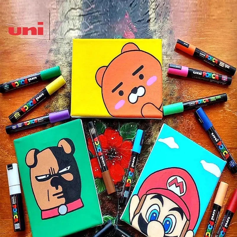 Uni Posca paint marker pen set PC-1M PC-3M PC-5M full set with colorful caps around cartoon canvases