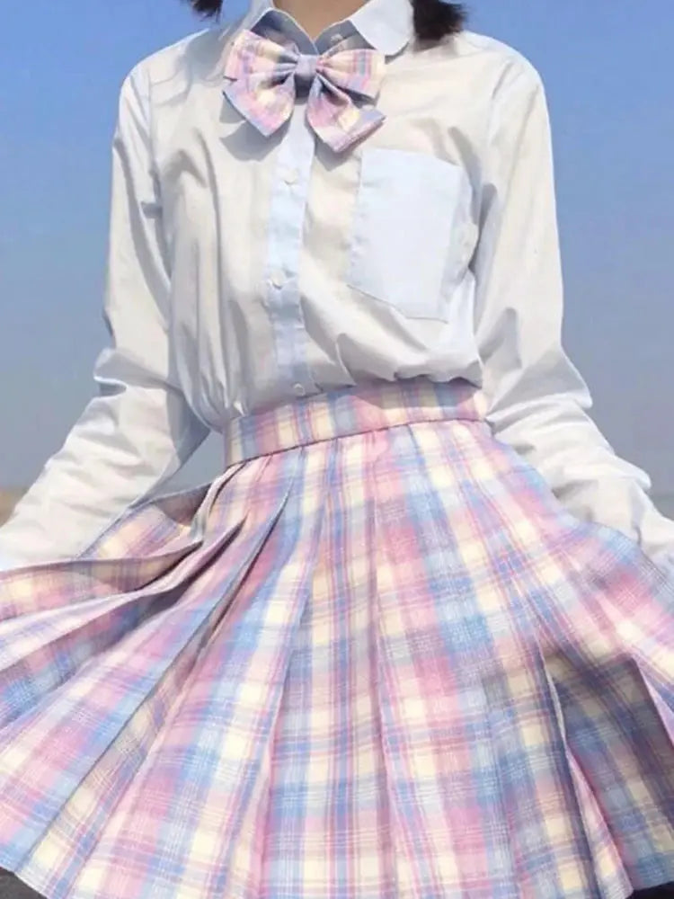 ZOKI plaid pleated skirt, pastel pink-blue, high-waist women's mini skirt