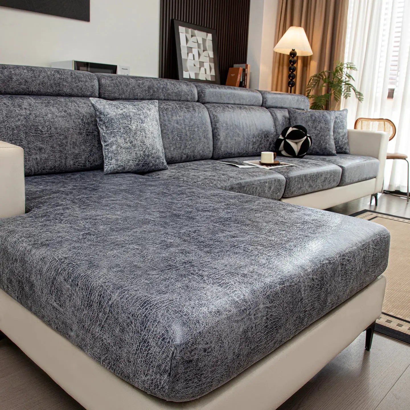 Stretch blue-gray sofa cover for sectional living room sofa; elastic furniture protector
