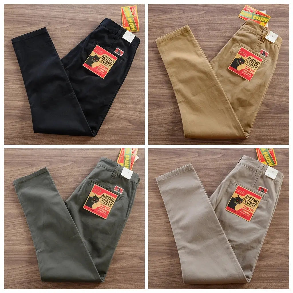 Men's washed cotton twill chino pants in black, khaki, olive, and gray with straight fit