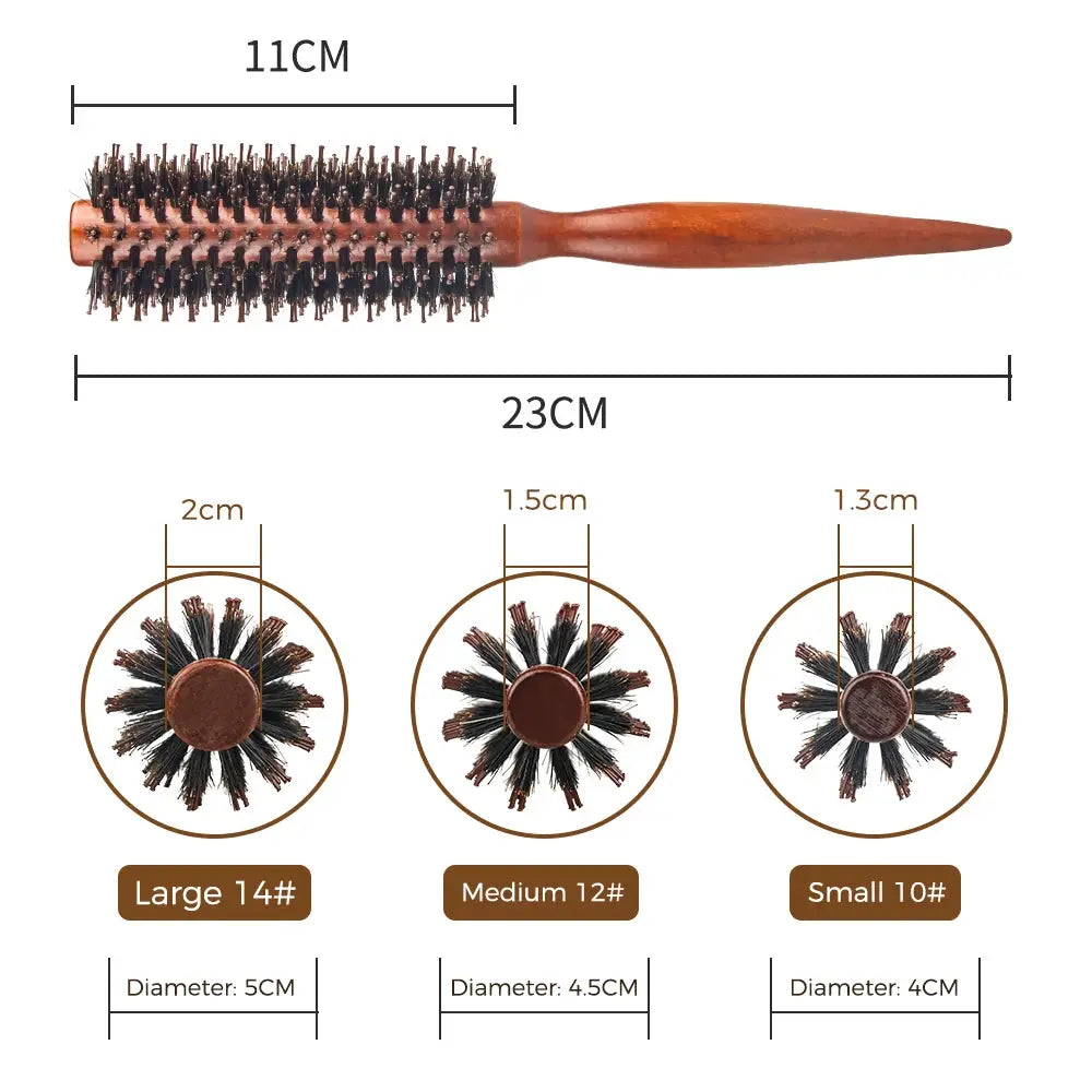 Wood-handle round boar-bristle hair brush; Simples Market, 23 cm length with three head sizes (14#, 12#, 10#).