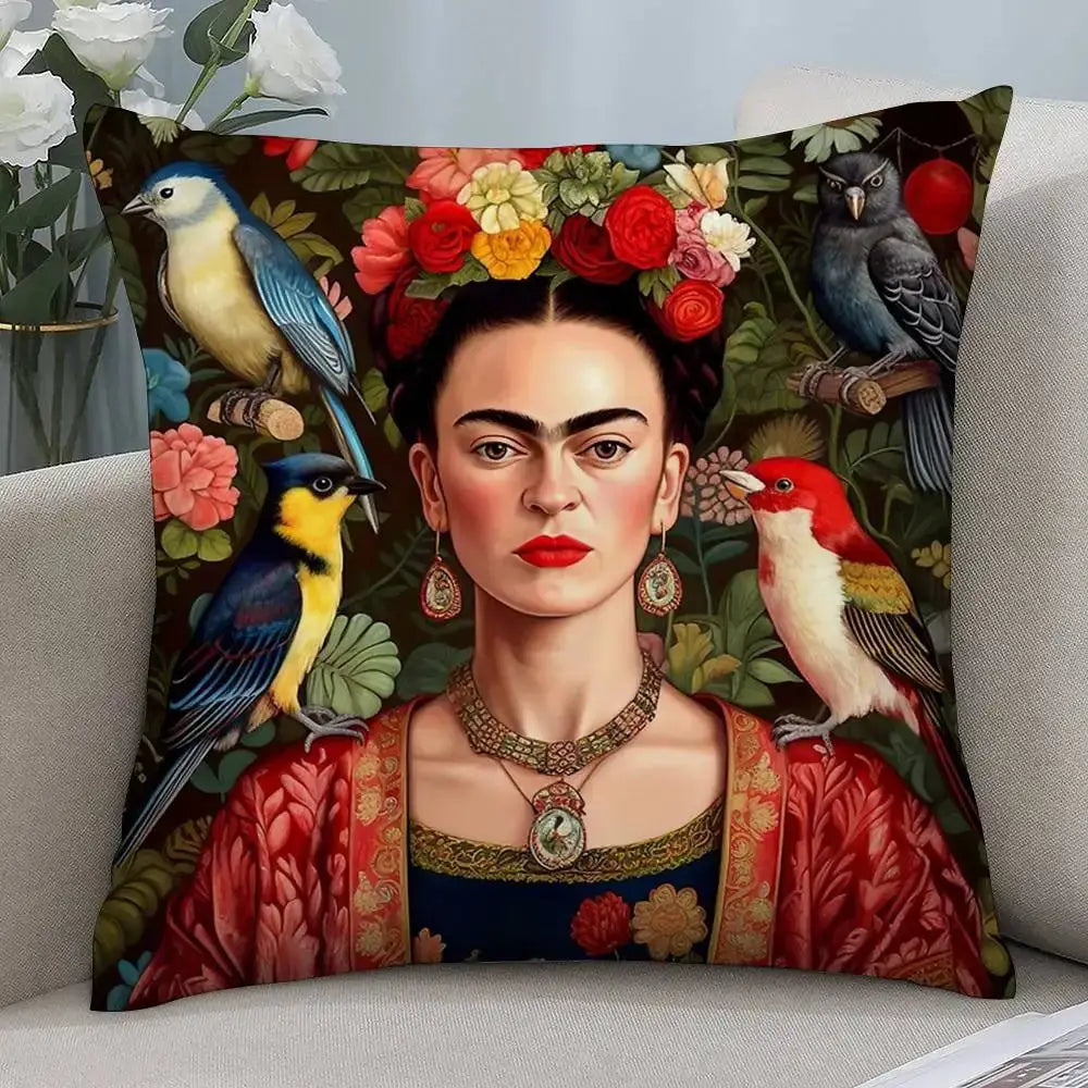 Frida Kahlo art pillow cover, square plush cushion with double-sided print and colorful birds.