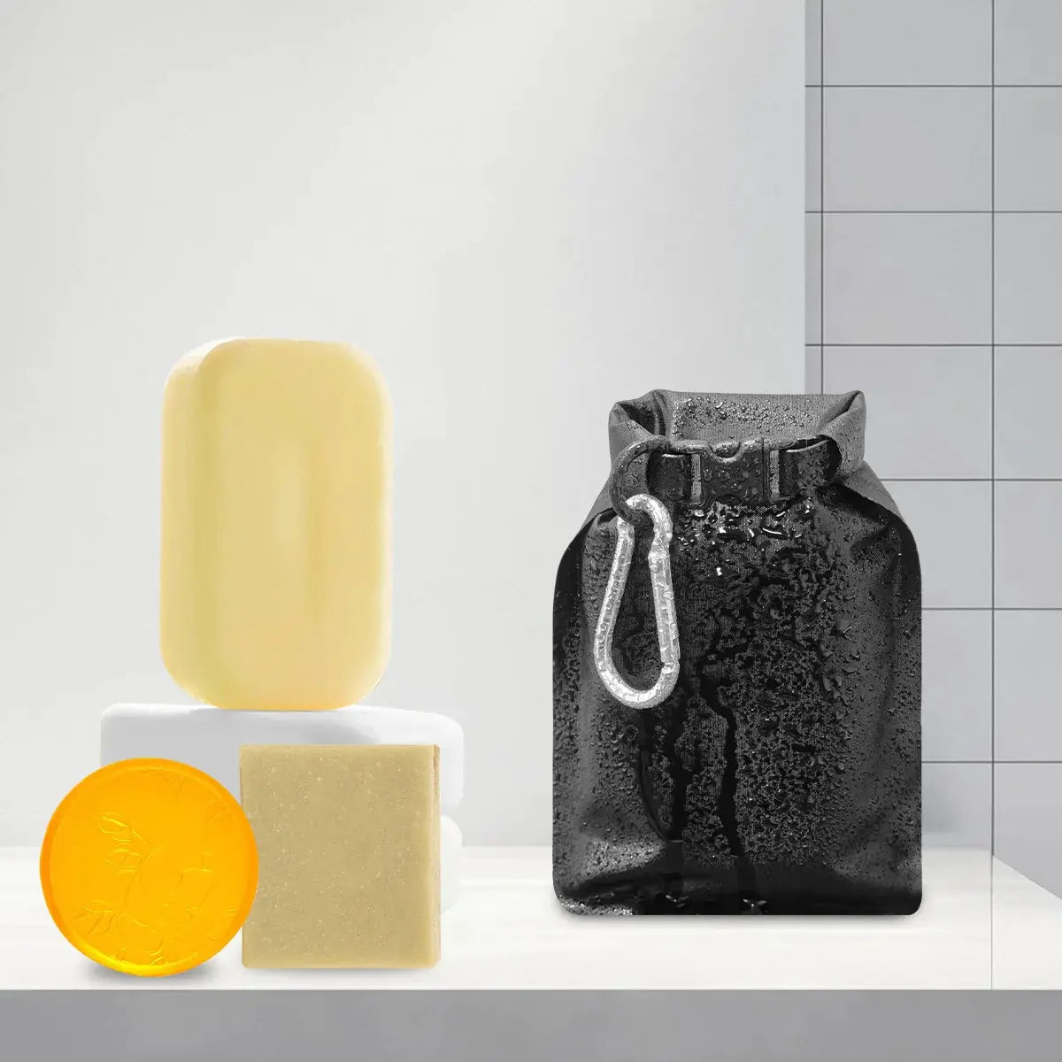 Simples Market Soap Bar Case, waterproof and leakproof travel pouch with carabiner, shown with assorted soap bars.