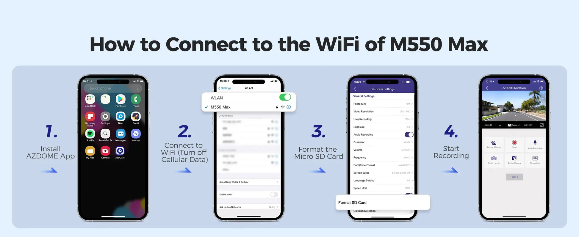 AZDOME M550 Max dash cam setup guide with iPhone screenshots install app, connect WiFi, format SD card, start recording.