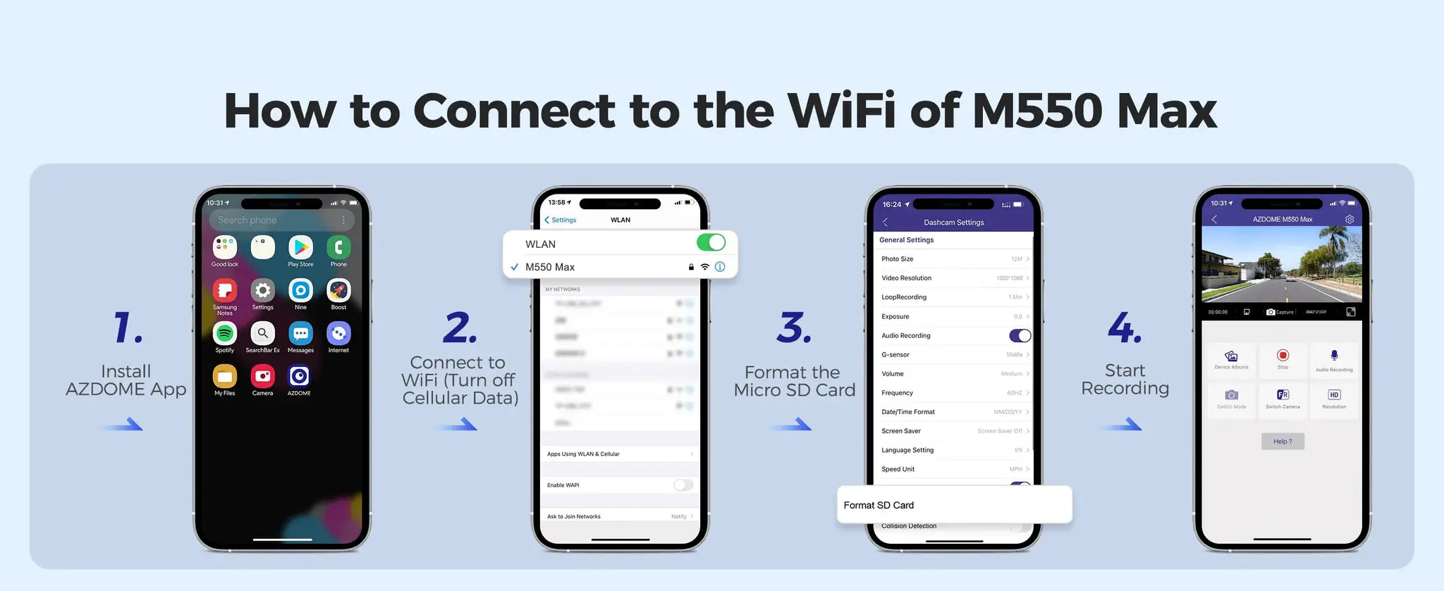 AZDOME M550 Max dash cam setup guide with iPhone screenshots install app, connect WiFi, format SD card, start recording.
