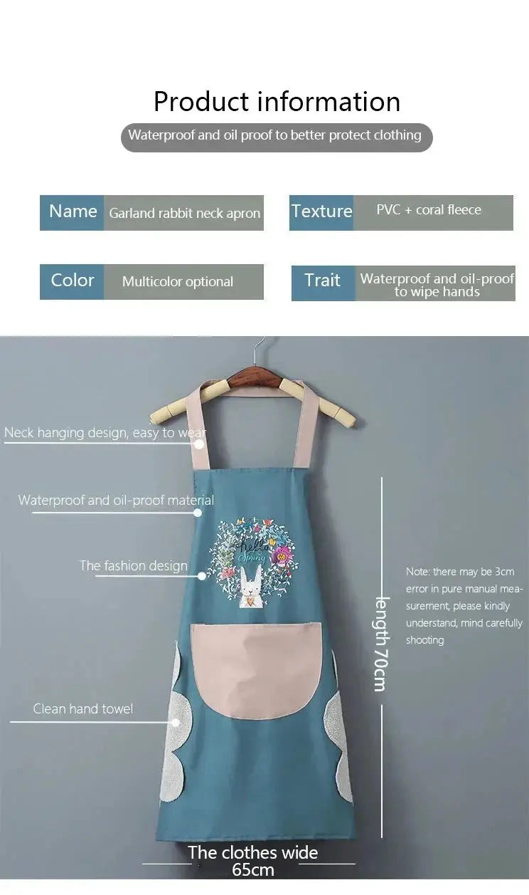 Simples Market women's rabbit-print apron, teal PVC + coral fleece waterproof oil-proof waist apron with front pocket