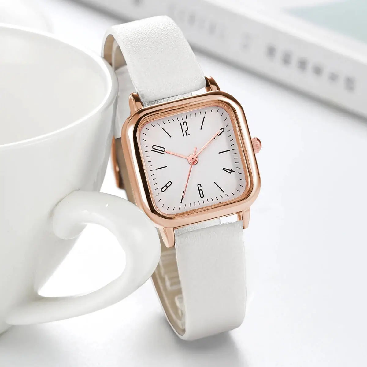 2-piece women's square watches set with white leather straps, rose-gold cases, quartz movement