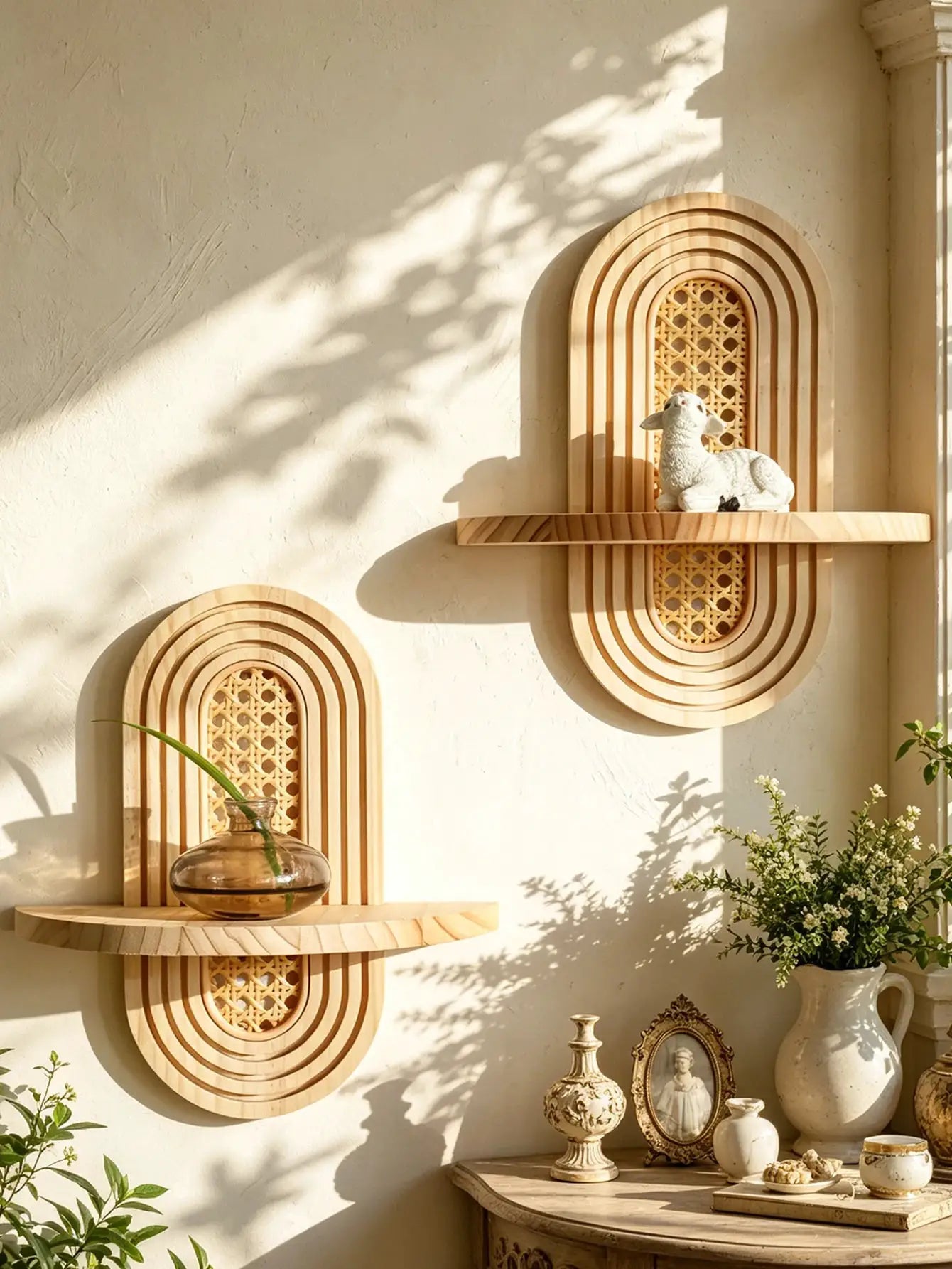 Boho-style wooden wall shelves in natural finish; a pair with arched layered frames and lattice panels.