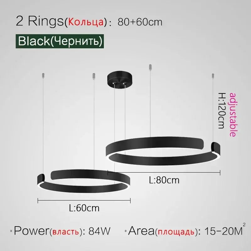 Nordic Ring LED Pendant Lamp, black finish, two-ring design with 60/80cm lengths, 84W