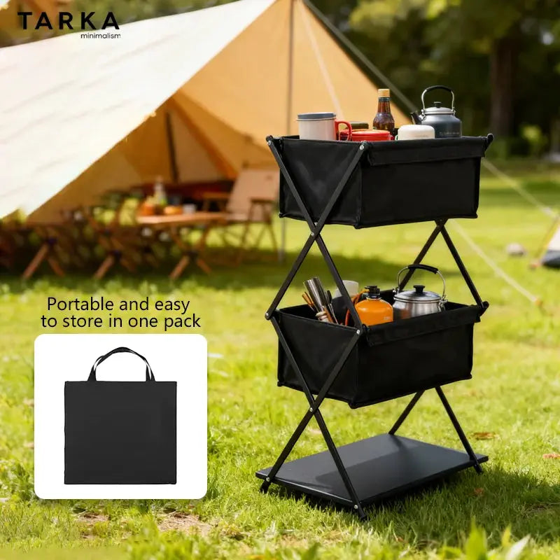 TARKA three-layer folding camping storage rack, black metal with two baskets for outdoor BBQ storage