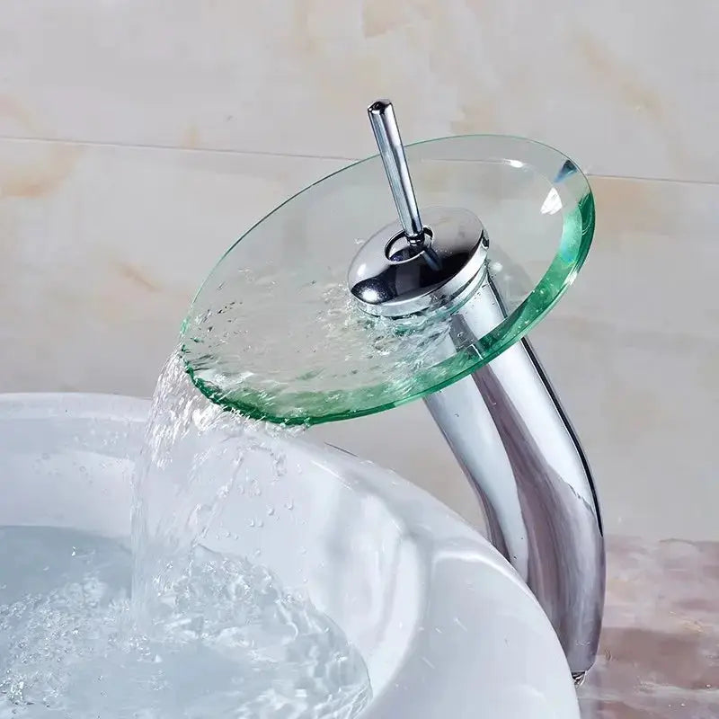 Bathroom faucet, chrome deck-mounted with circular glass waterfall spout and single lever