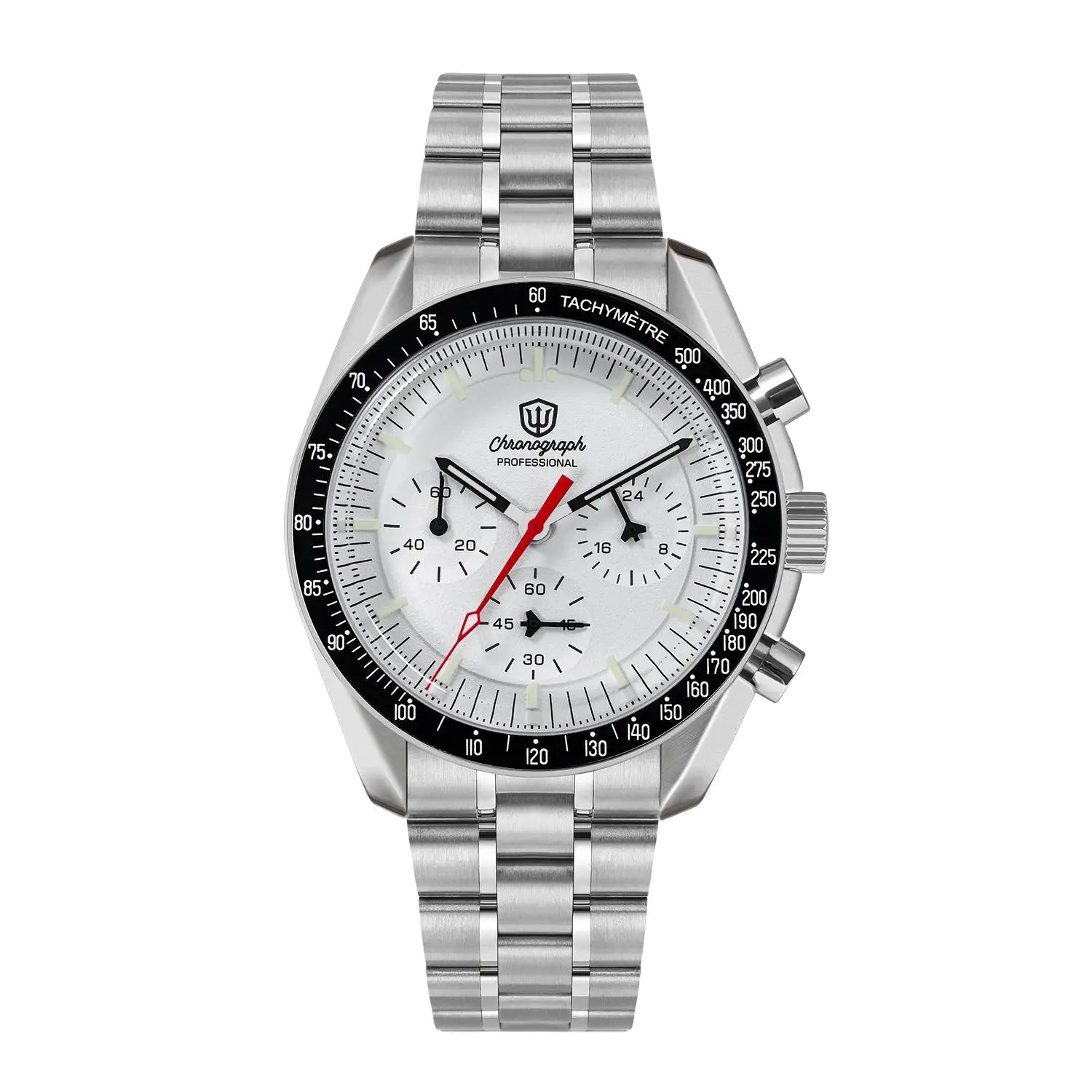 Watchdives WD1863 quartz chronograph men's watch, 39mm stainless steel bracelet, silver dial, black tachymeter bezel
