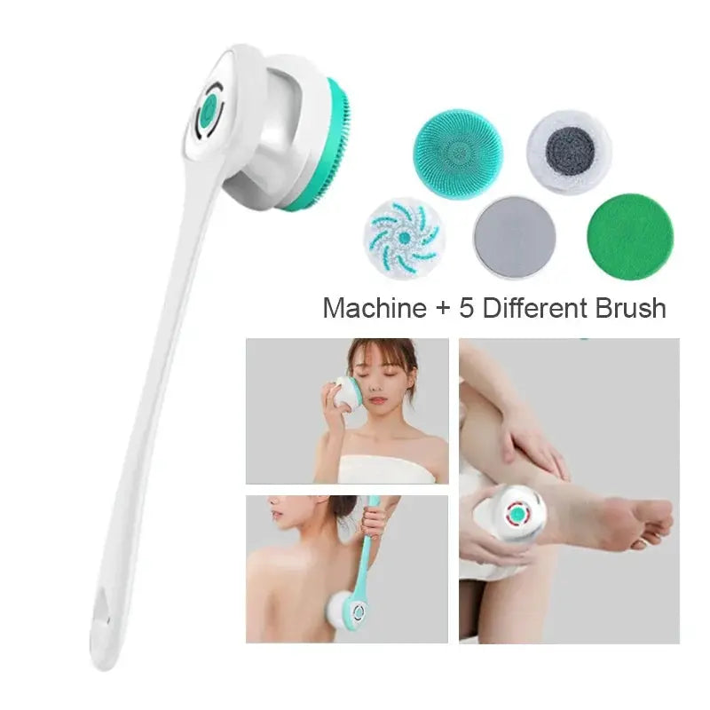 5 in 1 electric shower cleaning brush set with long white handle and teal head, includes five replaceable discs