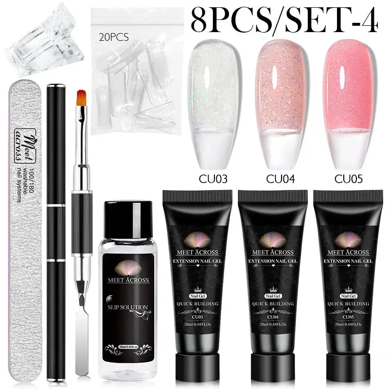 Meet Across extension nail gel kit; includes 3 quick-build gels and a 20-piece tip pack.