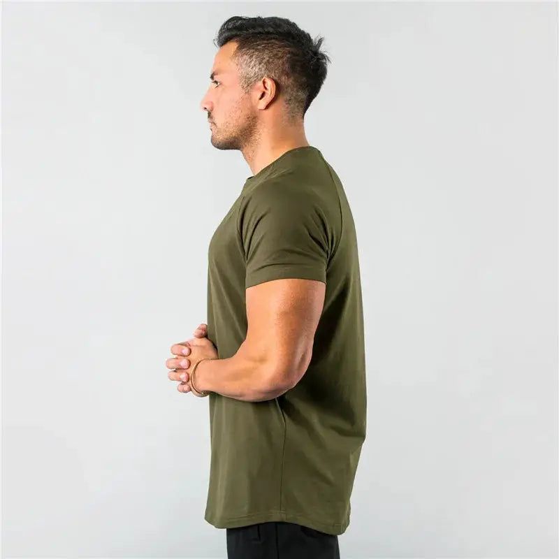 Men's olive green cotton plain T-shirt, short sleeves, slim fit, Simples Market