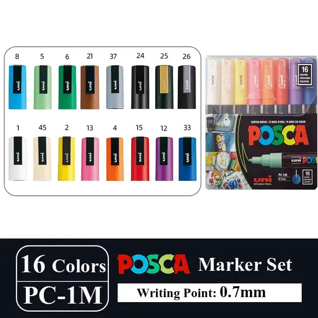 Uni Posca marker set with 16 colors PC-1M PC-3M PC-5M in vinyl pen case by Simples Market