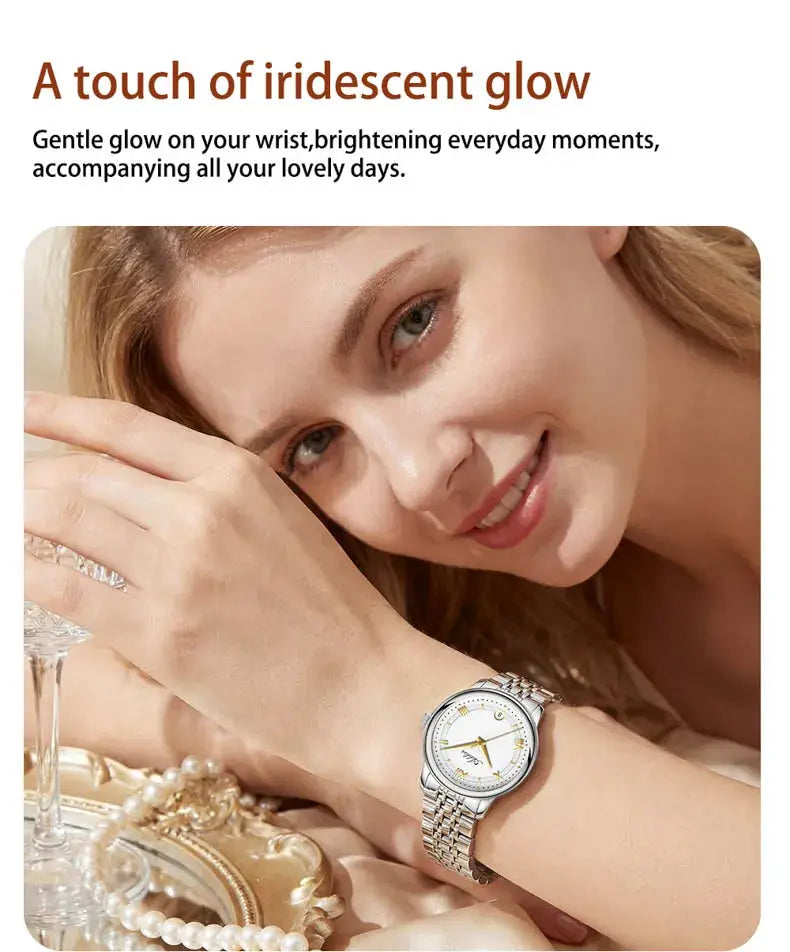 ADDIES New Luxury Women's Watch GM12 on a wrist; silver stainless steel bracelet and white dial.