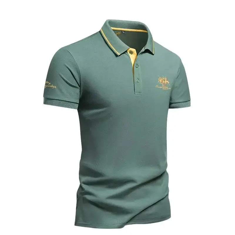 Men's green short-sleeve polo shirt with yellow collar trim and chest embroidery