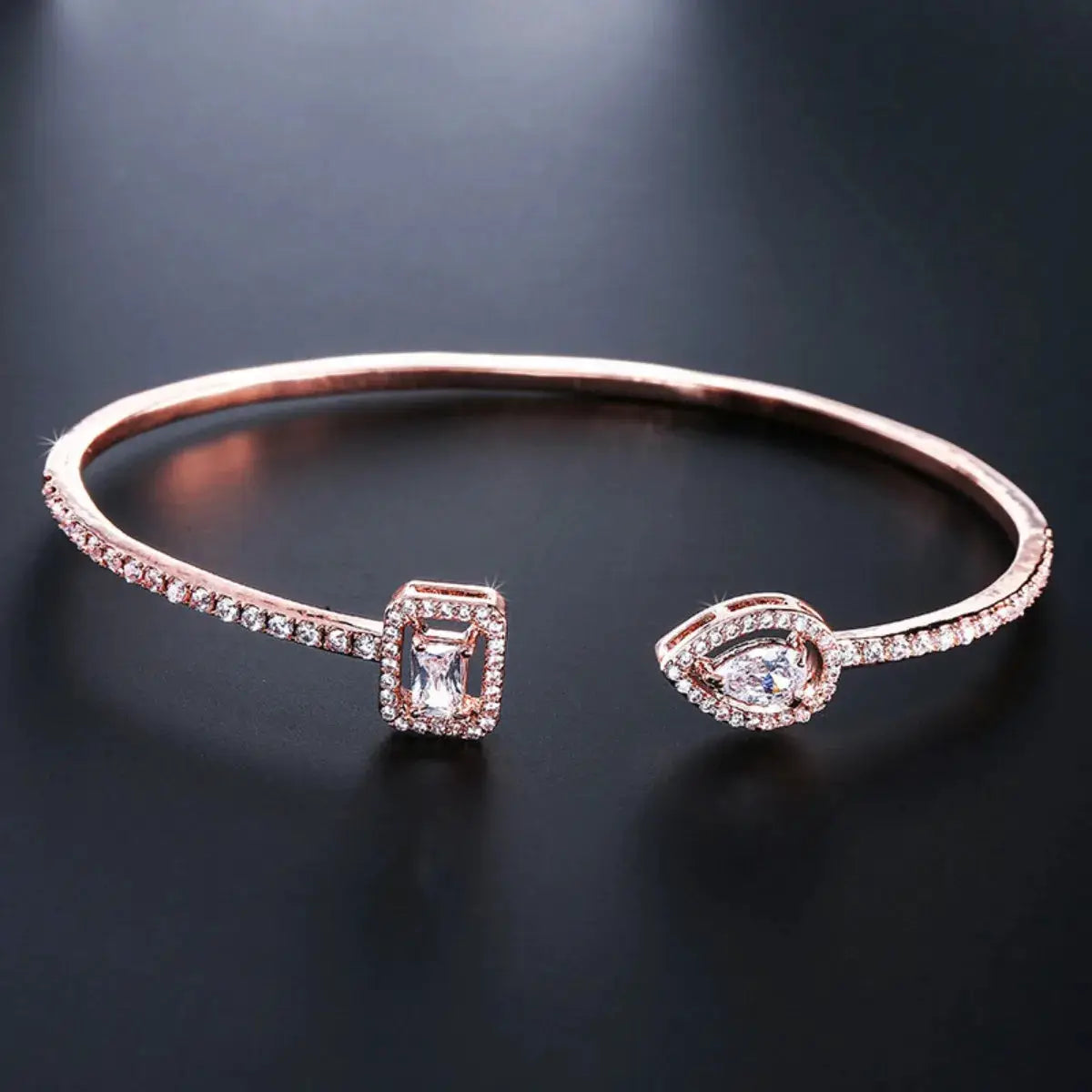 Luxury Geometry Gold Color Cuff Bangles For Women With Cubic Zirconia Accents Bracelet Jewelry