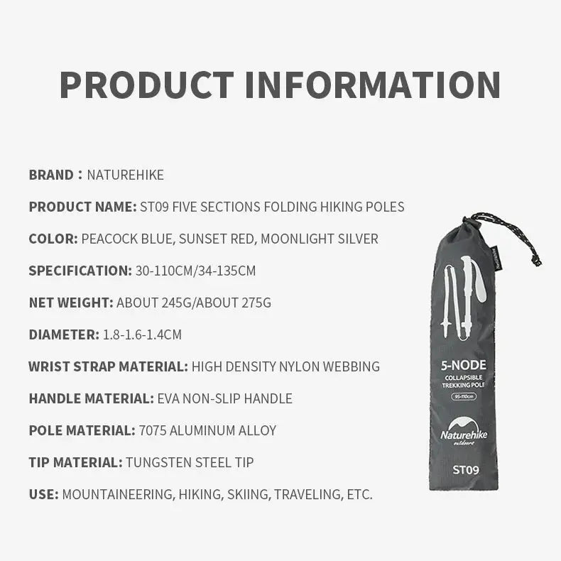 ST09 Naturehike five-section folding trekking poles in a carry bag; ultralight aluminum alloy, telescopic design