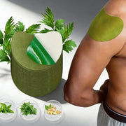 Long-lasting warm neck and shoulder patches in green, shown with a roll of patches on a plant-themed backdrop.