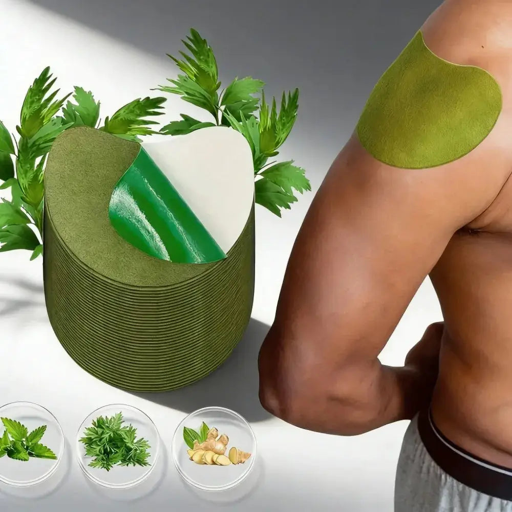Long-lasting warm neck and shoulder patches in green, shown with a roll of patches on a plant-themed backdrop.