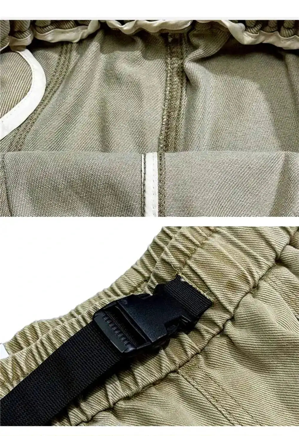 Simples Market baggy cargo pants in khaki, elastic waist with adjustable black belt buckle